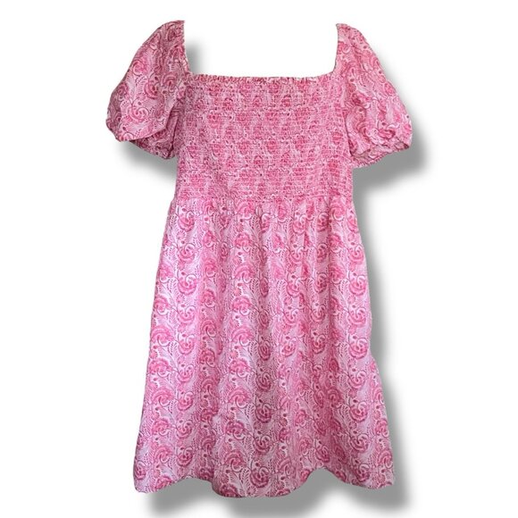 J Crew Womens Mini Dress Sz 3X Pink White Floral Puff Sleeve Smocked Coquette - Picture 5 of 9